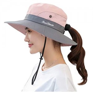 Muryobao Women's Ponytail Sun Hat UV Protection Foldable Mesh Wide Brim Beach Fishing Hat