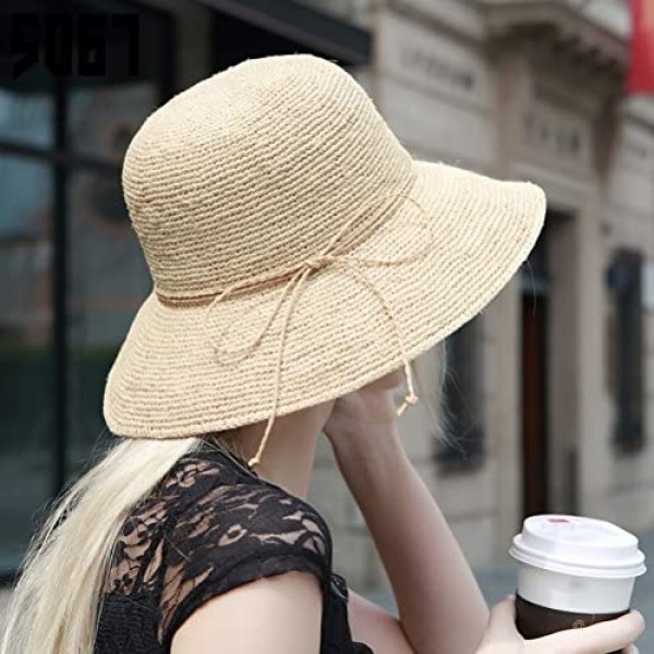 RIONA Women's Summer Hand-Woven Foldable Wide Brim Fisherman 100% Raffia Straw Sun Hat