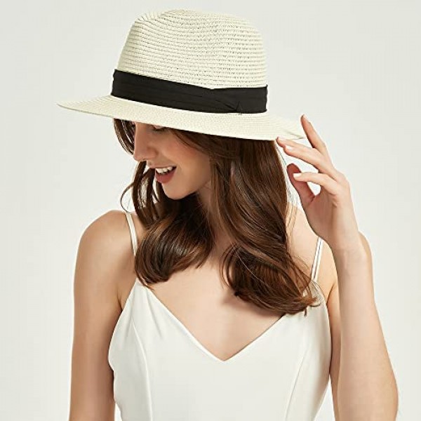 Straw Hat for Women Beach Hats Summer Sun Panama Wide Brim Floppy Fedora Cap UPF50