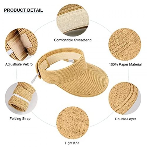 Straw Visor Hats for Women Foldable Wide Brim Roll-up Beach Ponytail Hats Sun Protection for Golf