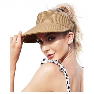 Straw Visor Hats for Women  Foldable Wide Brim Roll-up Beach Ponytail Hats Sun Protection for Golf
