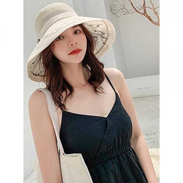 Summer Mesh Sun Hats for Women Lightweight Beach Hat Floral UPF50+ Packable Wide Brim Bucket Hat with Chin Strap