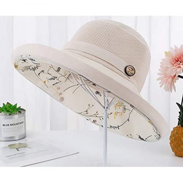 Summer Mesh Sun Hats for Women Lightweight Beach Hat Floral UPF50+ Packable Wide Brim Bucket Hat with Chin Strap