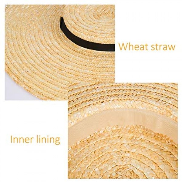 Vintage Straw Boater Hat- Large Wide Brim Flat Top Straw Hat Boater Straw Beach Sun Cap with Long Ribbon Chin Strap for Women Ladies Summer Vacation Beach Outdoor Brown