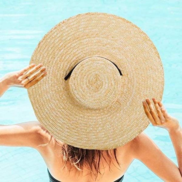 Vintage Straw Boater Hat- Large Wide Brim Flat Top Straw Hat Boater Straw Beach Sun Cap with Long Ribbon Chin Strap for Women Ladies Summer Vacation Beach Outdoor Brown