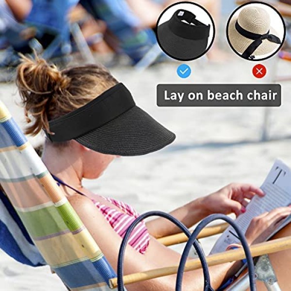 Women Straw Sun Visor Hat Wide Brim Summer UV Protection Beach Cap Foldable Packale Korean Style Black