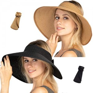 Women Sun Visors Foldable Straw Hats Summer Beach Packable Hat Floppy Wide Brim Cap Deep Style  Adjustable Size
