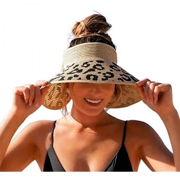 Women Sun Visors Wide Brim Foldable Packable Ponytail Beach Hat Straw Leopard Roll Up Bow Visor Sun Hats