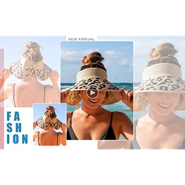 Women Sun Visors Wide Brim Foldable Packable Ponytail Beach Hat Straw Leopard Roll Up Bow Visor Sun Hats