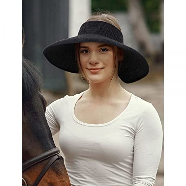 Women Sun Visors Wide Brim Foldable Packable Roll Up Ponytail Beach Hat Straw Visor Sun Hats