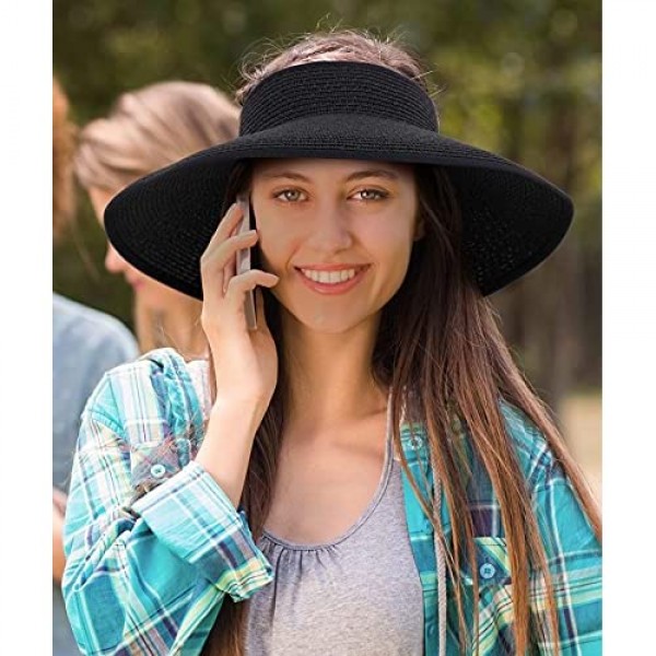 Women Sun Visors Wide Brim Foldable Packable Roll Up Ponytail Beach Hat Straw Visor Sun Hats