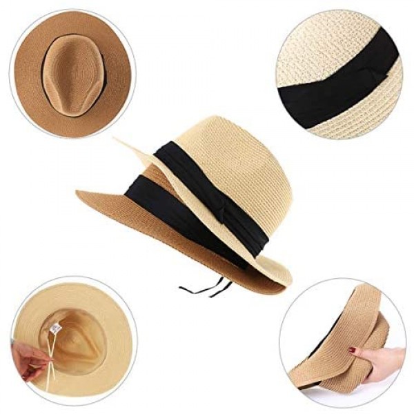Womens Beach Hat 2 Packs Summer Straw Sun Hats UPF 50 Foldable Panama Wide Brim Hat for Women Roll Up