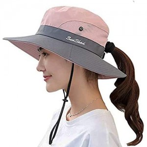 Women's Outdoor UV-Protection-Foldable Sun-Hats Mesh Wide-Brim Beach Fishing Hat with Ponytail-Hole