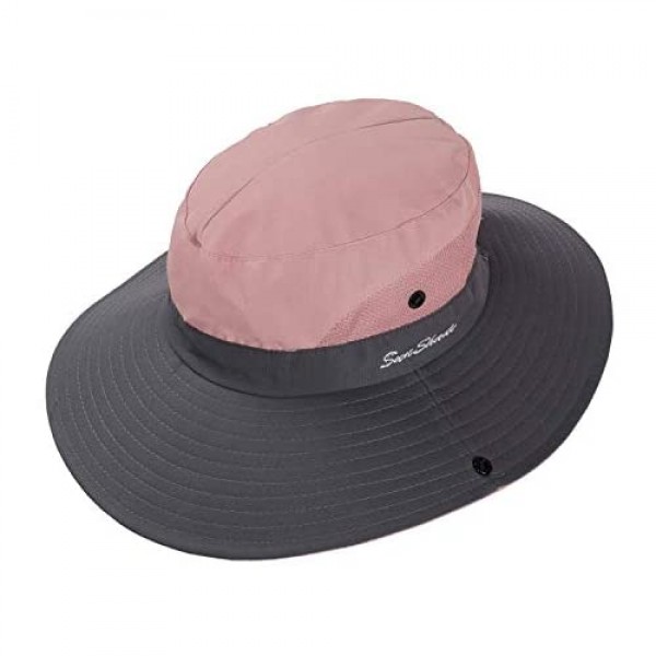 Women's Ponytail Safari Sun Hat UPF 50+ Wide Brim Outdoor Bucket Hat with Chin Drawstring Strap Fishing Hat