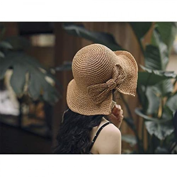 Womens Summer Sun Beach Straw Hat UPF50 Travel Foldable Wide Brim Summer UV Hat with Big Bow