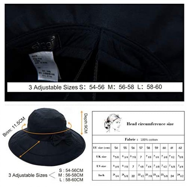 Womens UPF50 Cotton Packable Sun Hats w/Chin Cord Wide Brim Stylish 54-60CM