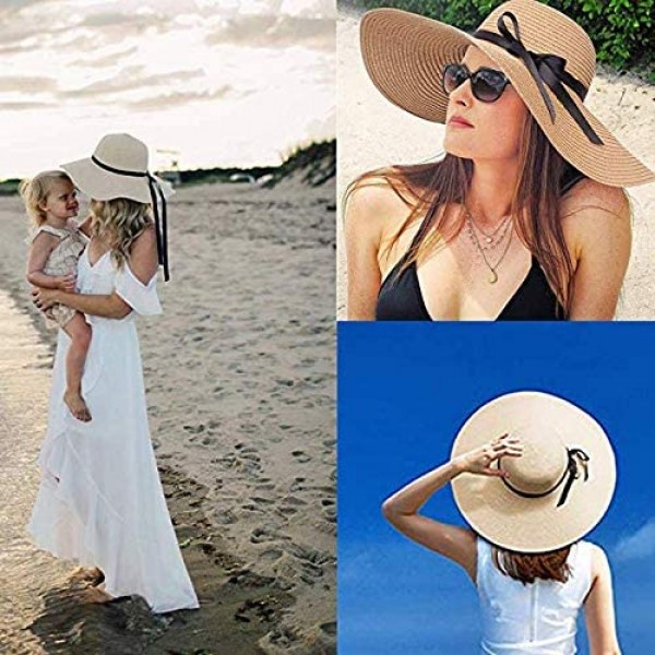 ZOORON Womens Floppy Summer Sun Beach Straw Hat Foldable Wide Brim Hats with Bowknot UPF50