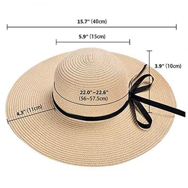 ZOORON Womens Floppy Summer Sun Beach Straw Hat Foldable Wide Brim Hats with Bowknot UPF50