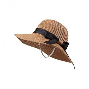 Zsedrut Women Little Girls Straw Sun Hat Summer Beach Cap Foldable Visor Floppy Hats Wide Brim with Bowknot Strap Adjustable