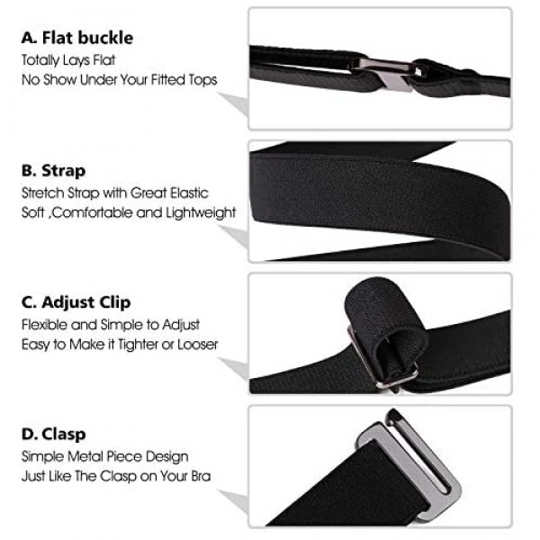 2 Pack Invisible Women Stretch Belt No Show Elastic Web Strap Belt with Flat Buckle for Jeans Pants Dresses