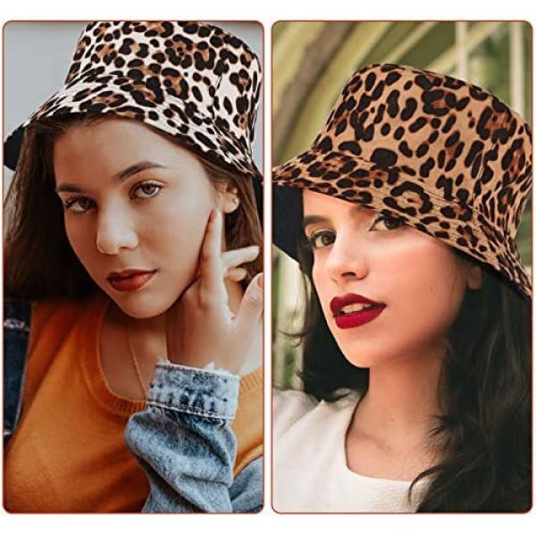 2 Pieces Leopard Print Bucket Hat Reversible Animal Pattern Fisherman Cap Stylish Unisex Summer Hats