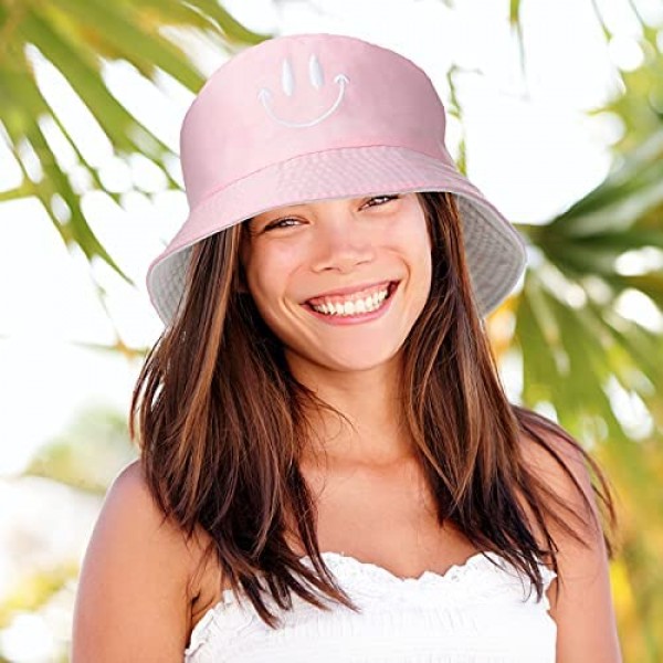 2 Pieces Smiling Face Bucket Hat Embroidery Visor Cap with 2 Pieces Double-Sided Smiling Face Bucket Hat Reversible Fishermen Cap Summer Travel Beach Sun Hat for Women