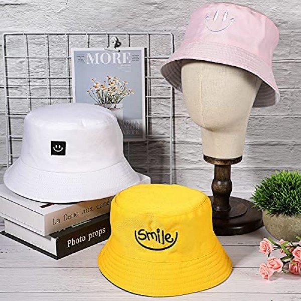 2 Pieces Smiling Face Bucket Hat Embroidery Visor Cap with 2 Pieces Double-Sided Smiling Face Bucket Hat Reversible Fishermen Cap Summer Travel Beach Sun Hat for Women