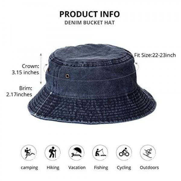 2 Pieces Washed Denim Bucket Hat Travel Packable Beach Sun Hat for Unisex