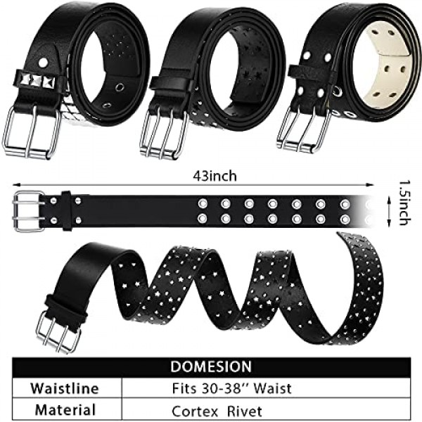 3 Pieces Studded Black Faux Leather Belt Double Grommet Belt Gothic Punk Belt for Women Men