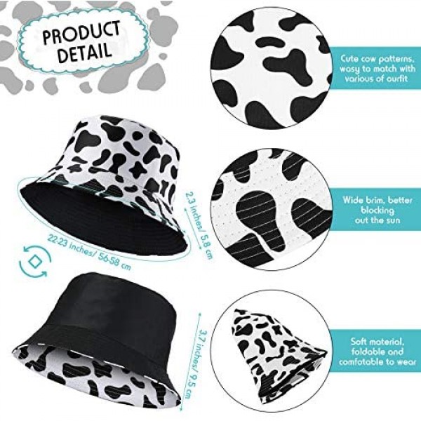 4 Pieces Animal Pattern Bucket Hat Reversible Beach Summer Cap Unisex Foldable Fisherman Hat Double-Side-Wear Sun Hat Cow Zebra Leopard Prints for Outdoor Vacation