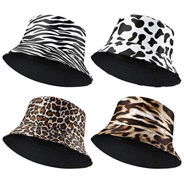 4 Pieces Animal Pattern Bucket Hat Reversible Beach Summer Cap Unisex Foldable Fisherman Hat Double-Side-Wear Sun Hat Cow Zebra Leopard Prints for Outdoor Vacation