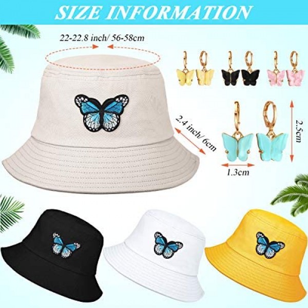 4 Pieces Butterfly Bucket Hat with Butterfly Dangle Hoop Earrings Summer Fisherman Cap for Men Women