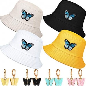 4 Pieces Butterfly Bucket Hat with Butterfly Dangle Hoop Earrings Summer Fisherman Cap for Men Women