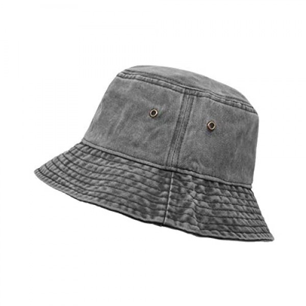 Bucket Hat Wide Brim Washed Denim Cotton Outdoor Sun Hat Flat Top Cap for Fishing Hiking Beach Sports
