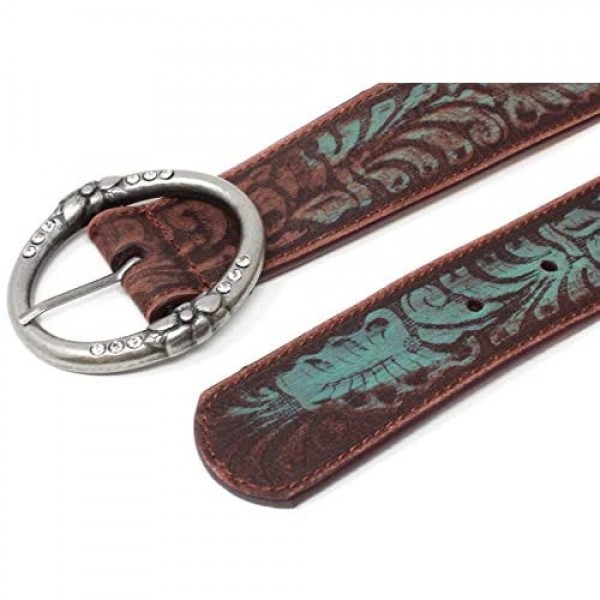 Distressed and Embossed Brown Teal Leather Belt with Rhinestone Ring Buckle