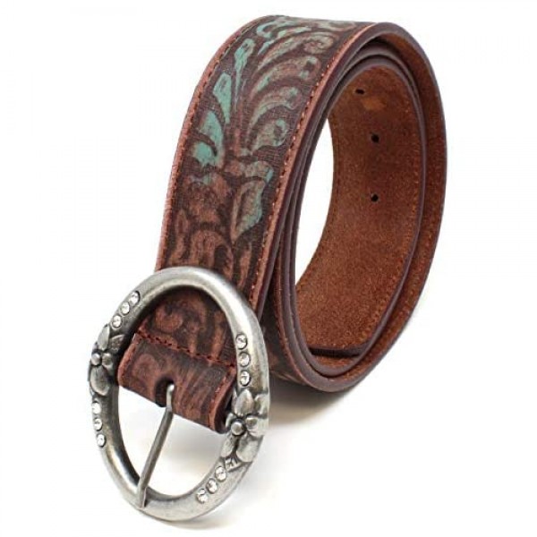 Distressed and Embossed Brown Teal Leather Belt with Rhinestone Ring Buckle