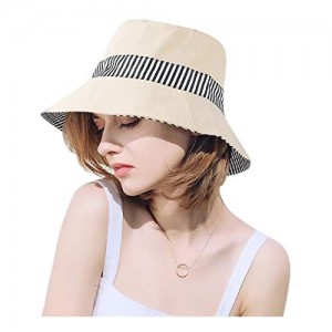 DOCILA Reversible Stripe Print Bucket Hat for Women Large Brim Packable Sun Visors Casual Cotton Fisherman Caps with Strings
