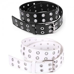 Double Grommet Belt for Women Men - WHIPPY PU Leather Vintage Punk Rock Jeans Belts Double Prong Buckle Eyelet Belt