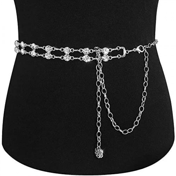 Glamorstar Chain Belts for Women Girls Double Row Crystal Metal Waist Link Belt