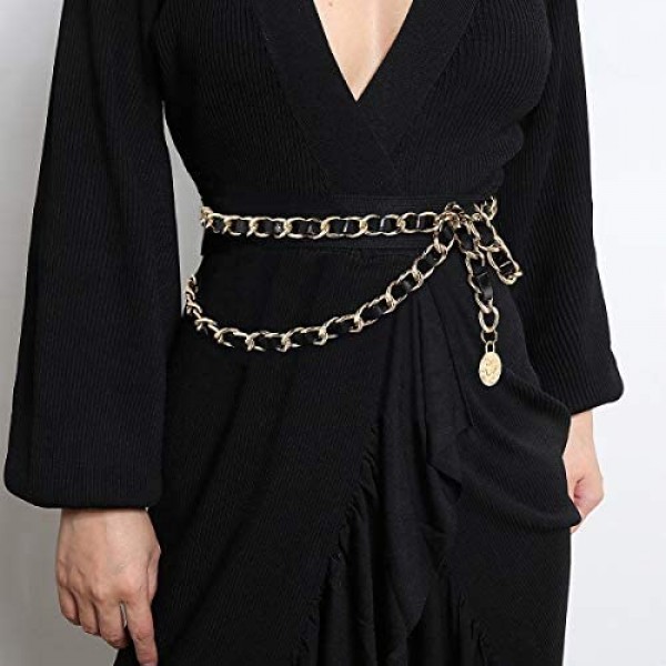 Glamorstar Leather Chain Belts Layered Metal Waist Belt for Women Ladies Dresses