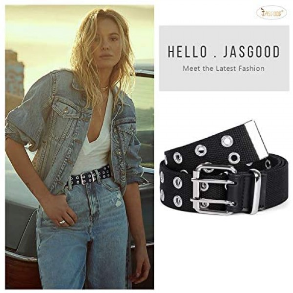 JASGOOD Double Grommet Belt Canvas Belt Double Hole Belt for Women Punk Rock Jeans Belt