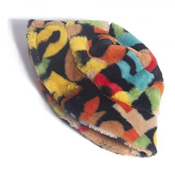 PURFANREE Women's Colorful Letter Print Faux Fur Bucket Hat Warm Fuzzy Fluffy Winter Warmer Fisherman Cap