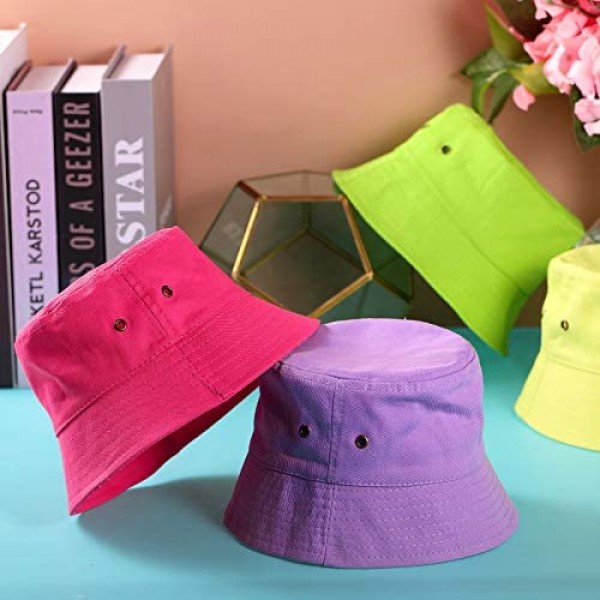 SATINIOR 4 Pieces Bucket Hat Denim Packable Travel Hat Washed Beach Fishing Hat for Men Women Kids (Yellow Fluorescent Green Purple Watermelon Red 50 cm)