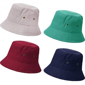 SATINIOR 4 Pieces Bucket Hat Denim Packable Travel Hat Washed Beach Fishing Hat for Men Women Kids (Wine Red Christmas Green Grey Khaki Navy Blue 60 cm)