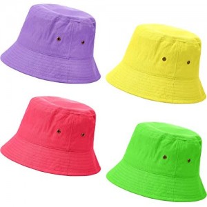 SATINIOR 4 Pieces Bucket Hat Denim Packable Travel Hat Washed Beach Fishing Hat for Men Women Kids (Yellow  Fluorescent Green  Purple  Watermelon Red 50 cm)