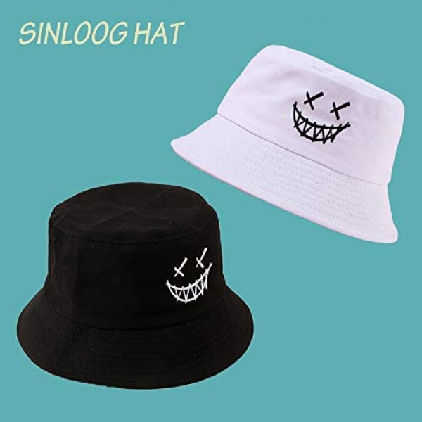 SINLOOG Smile Face Bucket Hat Unisex Summer Smirk Cotton Cap Packable Travel Beach Sun Hat