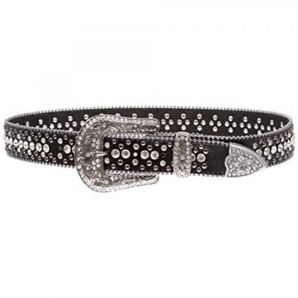 Snap On Rhinestone and Gun Metal Color Circle Studded Leather Belt