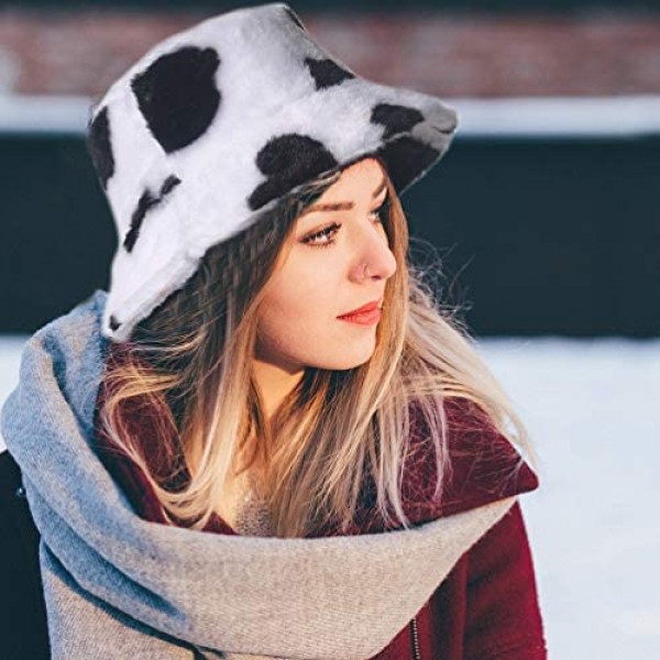 TENDYCOCO Bucket Hat Cow Pattern Faux Fur Fisherman Hat Packable Fluffy Hat Winter Hats for Men Women