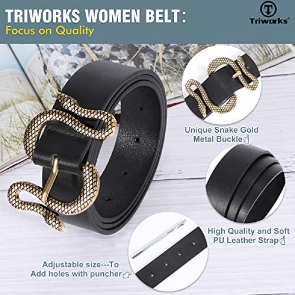 Triworks Belt For Women Fashion Leather Belt Gold/Black Snake Buckle Belt for Jeans Pants Dresses Shorts