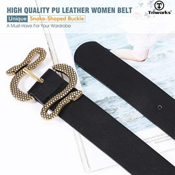 Triworks Belt For Women Fashion Leather Belt Gold/Black Snake Buckle Belt for Jeans Pants Dresses Shorts
